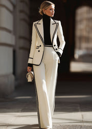 Commanding Contrast Trim Double-Breasted Suit Set for Women – Tailored Blazer & Wide-Leg Trouser Two-Piece