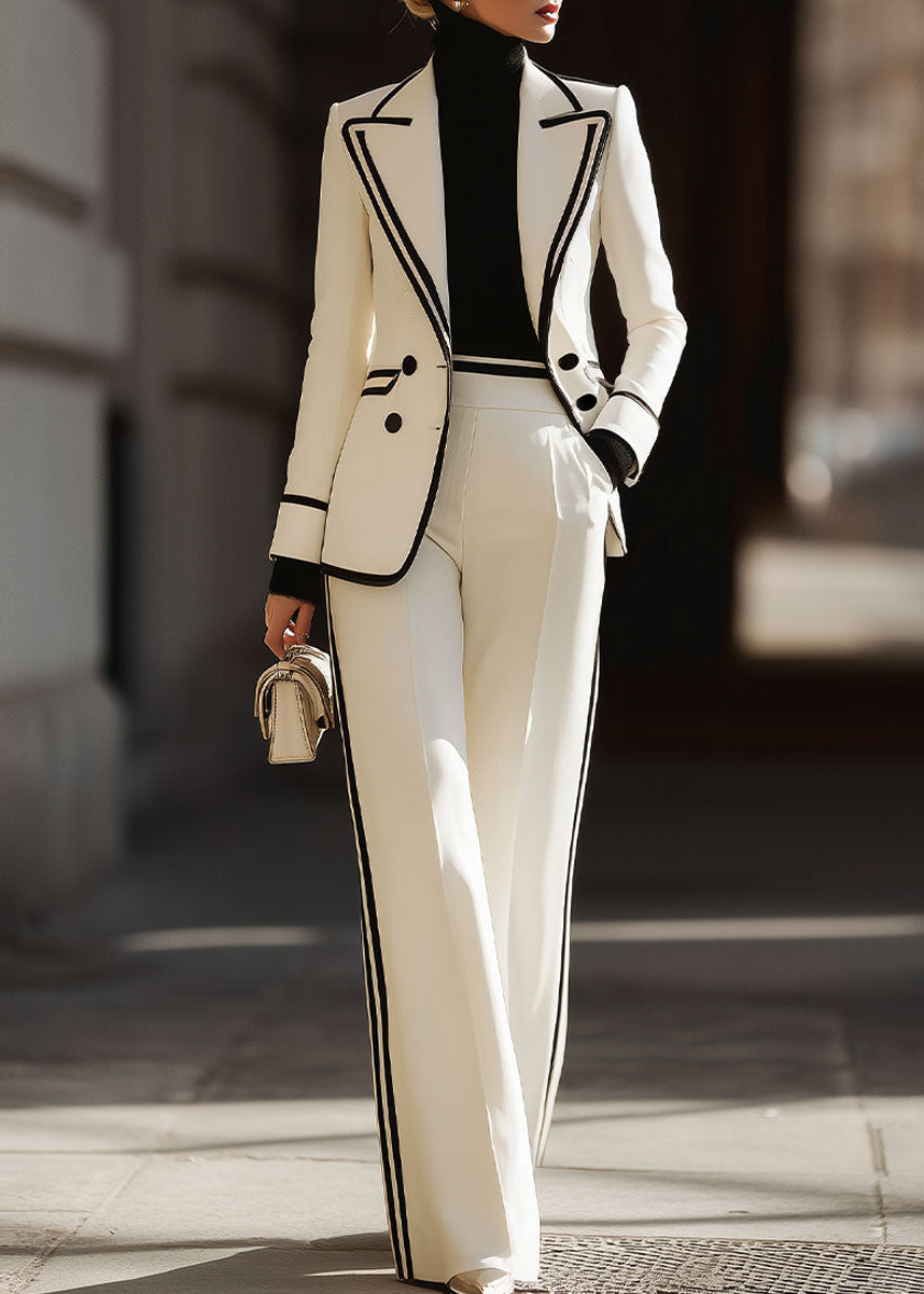 Commanding Contrast Trim Double-Breasted Suit Set for Women – Tailored Blazer & Wide-Leg Trouser Two-Piece