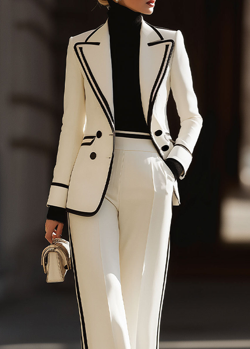 Commanding Contrast Trim Double-Breasted Suit Set for Women – Tailored Blazer & Wide-Leg Trouser Two-Piece
