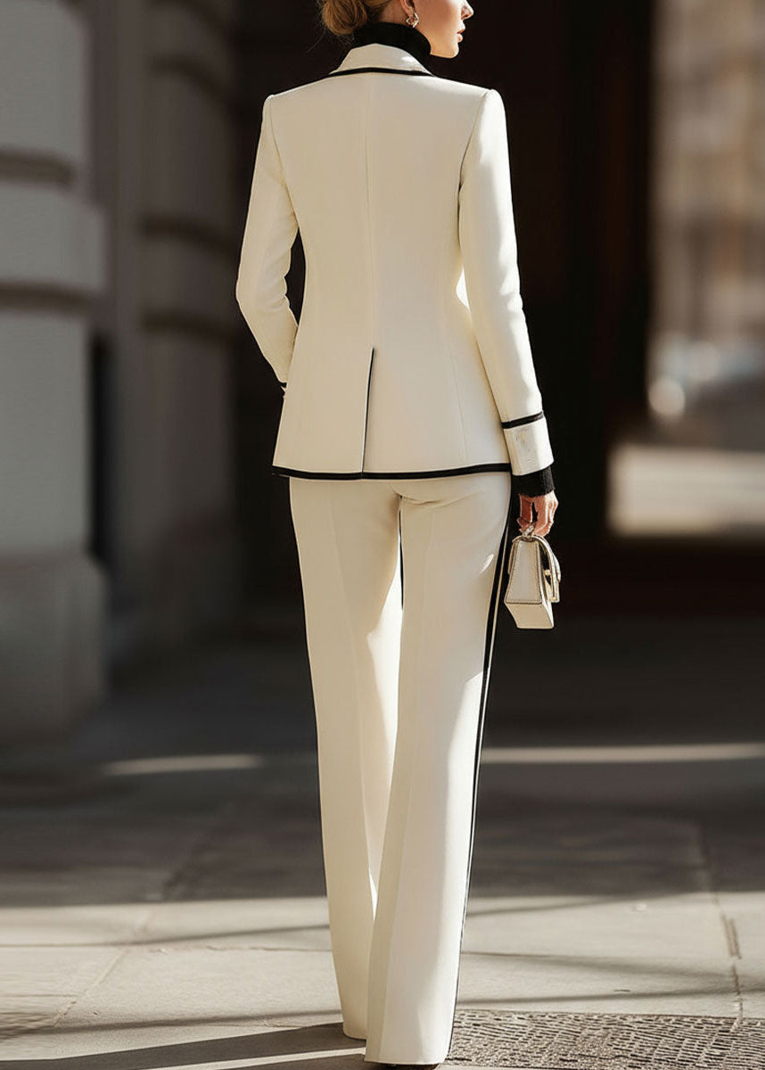 Commanding Contrast Trim Double-Breasted Suit Set for Women – Tailored Blazer & Wide-Leg Trouser Two-Piece