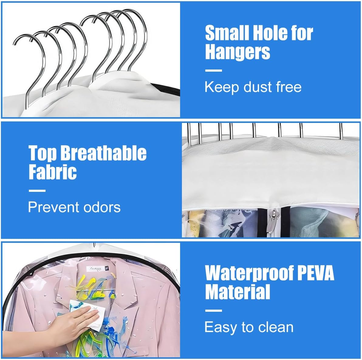 Clear Waterproof PEVA Garment Bags and Suit Covers with Zipper 3 Pack