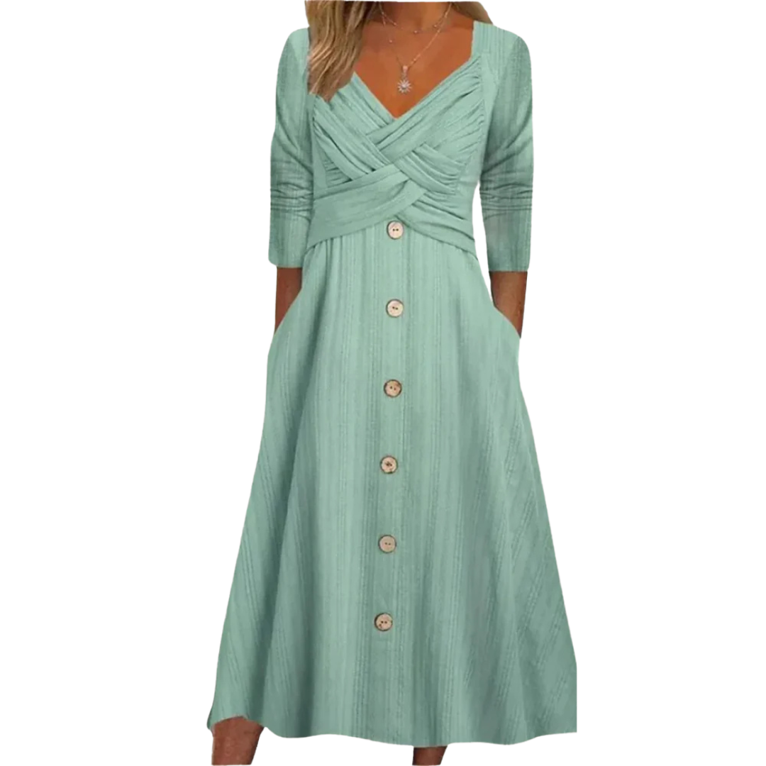 Elegant Tummy-Smoothing Midi Dress for Women – Square Neck A-Line Dress with Pockets for Any Occasion