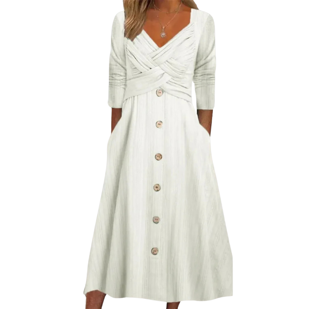 Elegant Tummy-Smoothing Midi Dress for Women – Square Neck A-Line Dress with Pockets for Any Occasion