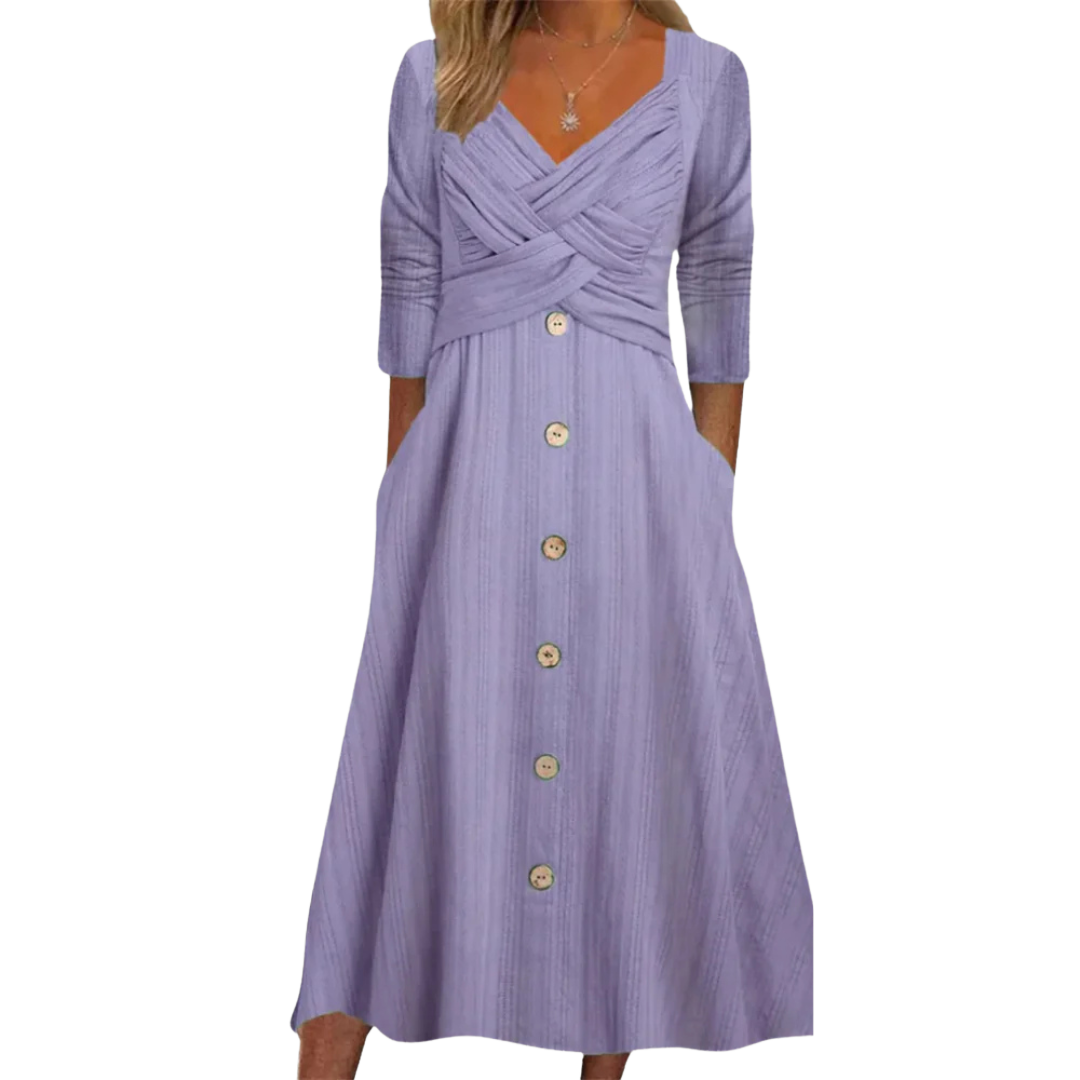 Elegant Tummy-Smoothing Midi Dress for Women – Square Neck A-Line Dress with Pockets for Any Occasion