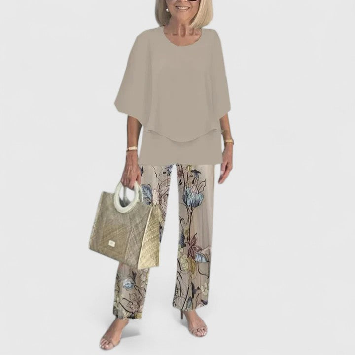 Elegant Two-Piece Outfit Set for Women – Flowy Top & Wide-Leg Pant Coordinated Set in Fourteen Colours