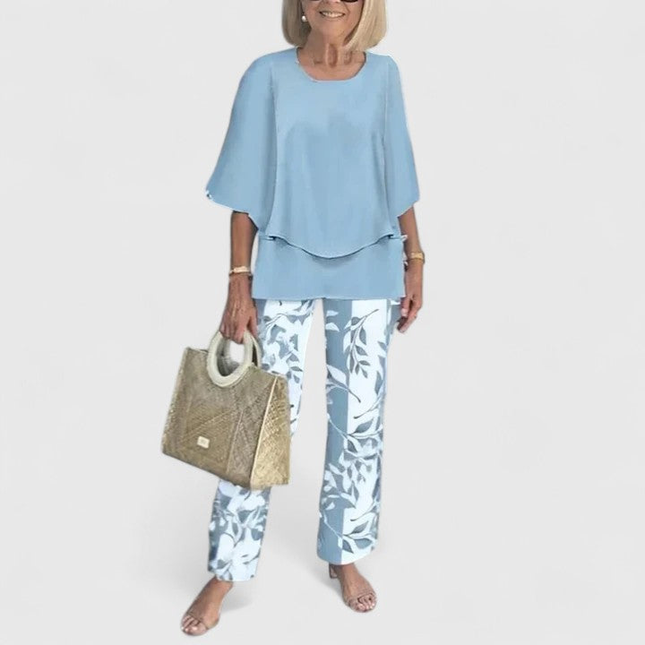 Elegant Two-Piece Outfit Set for Women – Flowy Top & Wide-Leg Pant Coordinated Set in Fourteen Colours