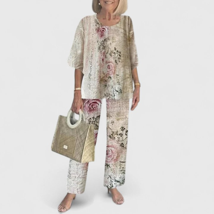 Elegant Two-Piece Outfit Set for Women – Flowy Top & Wide-Leg Pant Coordinated Set in Fourteen Colours
