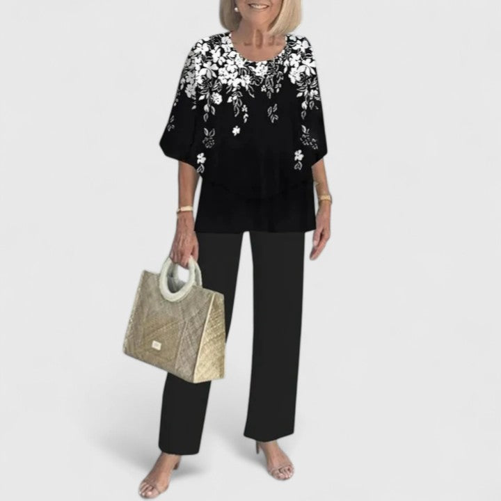 Elegant Two-Piece Outfit Set for Women – Flowy Top & Wide-Leg Pant Coordinated Set in Fourteen Colours