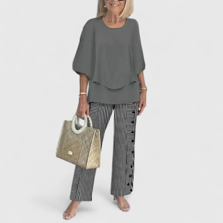 Elegant Two-Piece Outfit Set for Women – Flowy Top & Wide-Leg Pant Coordinated Set in Fourteen Colours