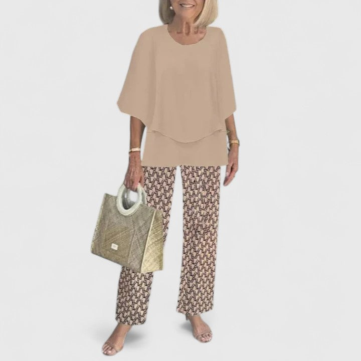 Elegant Two-Piece Outfit Set for Women – Flowy Top & Wide-Leg Pant Coordinated Set in Fourteen Colours
