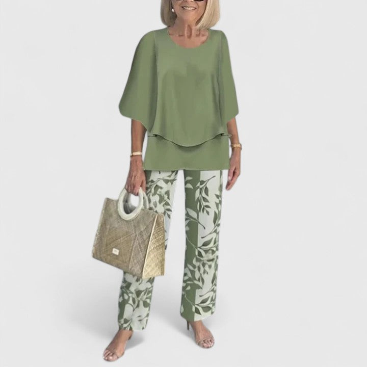 Elegant Two-Piece Outfit Set for Women – Flowy Top & Wide-Leg Pant Coordinated Set in Fourteen Colours