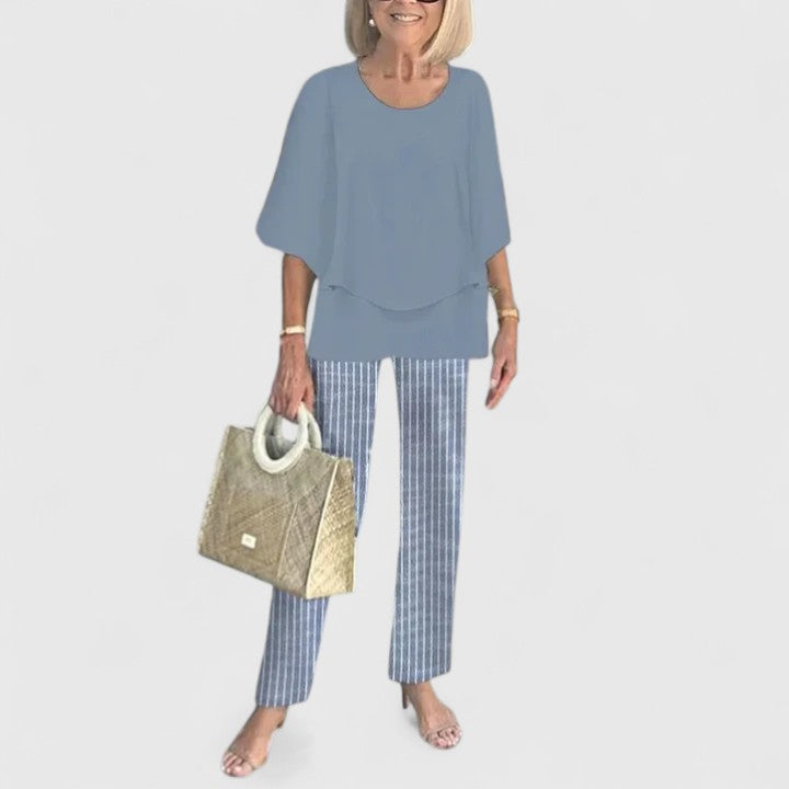 Elegant Two-Piece Outfit Set for Women – Flowy Top & Wide-Leg Pant Coordinated Set in Fourteen Colours