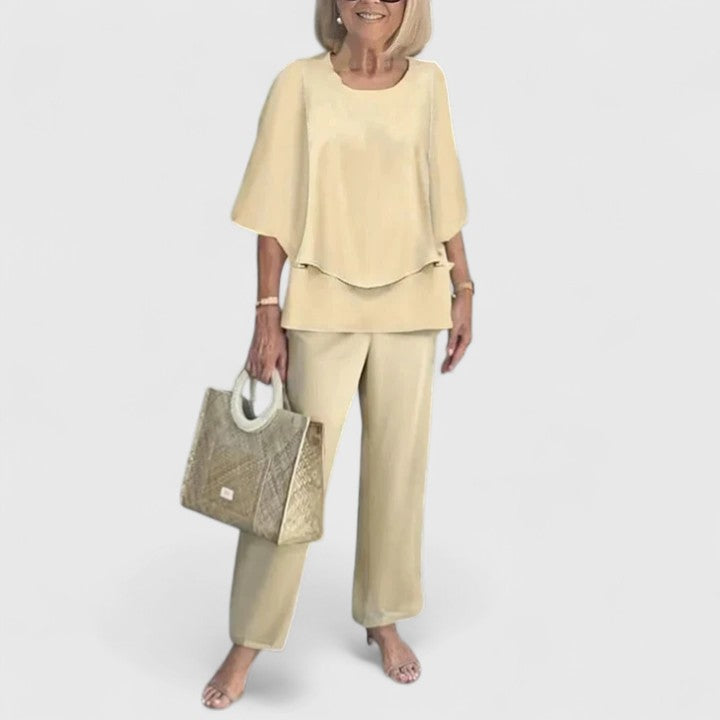 Elegant Two-Piece Outfit Set for Women – Flowy Top & Wide-Leg Pant Coordinated Set in Fourteen Colours