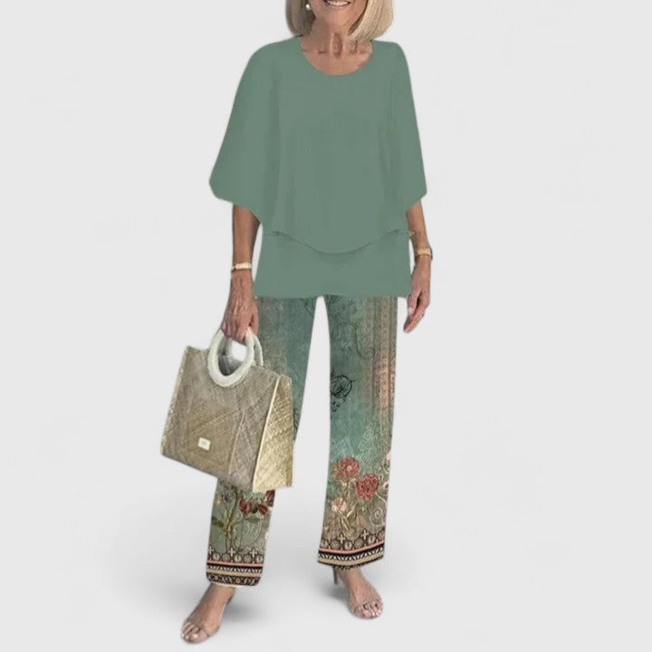 Elegant Two-Piece Outfit Set for Women – Flowy Top & Wide-Leg Pant Coordinated Set in Fourteen Colours