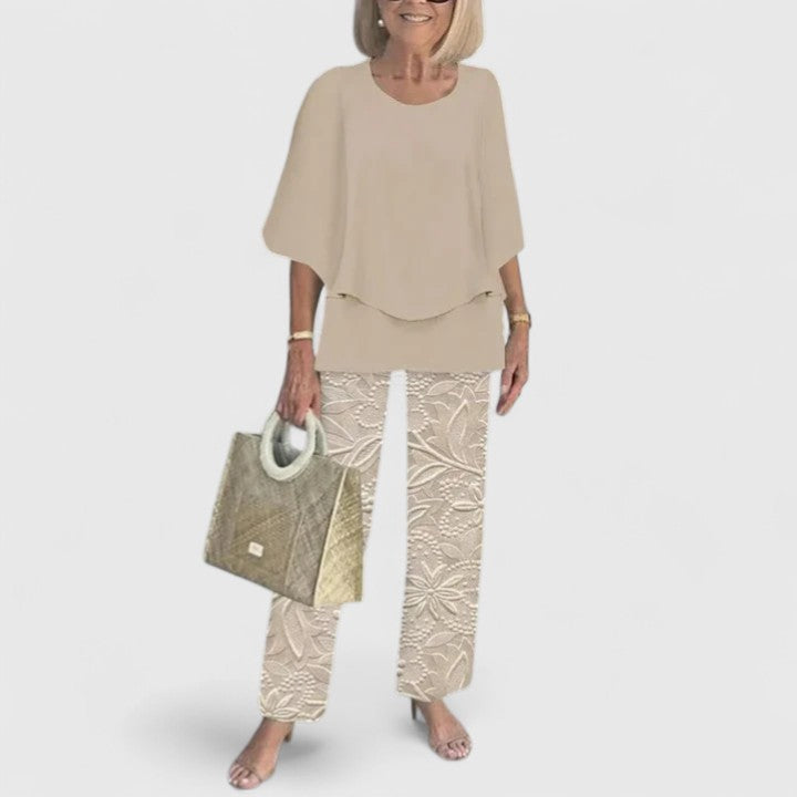 Elegant Two-Piece Outfit Set for Women – Flowy Top & Wide-Leg Pant Coordinated Set in Fourteen Colours
