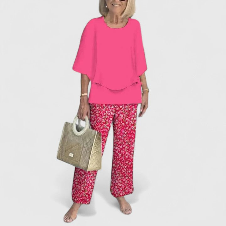 Elegant Two-Piece Outfit Set for Women – Flowy Top & Wide-Leg Pant Coordinated Set in Fourteen Colours