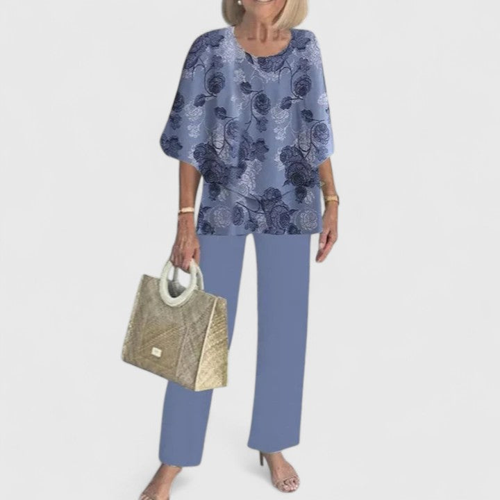 Elegant Two-Piece Outfit Set for Women – Flowy Top & Wide-Leg Pant Coordinated Set in Fourteen Colours