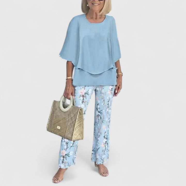 Elegant Two-Piece Outfit Set for Women – Flowy Top & Wide-Leg Pant Coordinated Set in Fourteen Colours