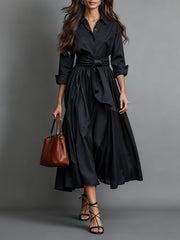 Elegant Women's Long Sleeve A-Line Midi Dress – Button-Down Shirt Dress with Tie Waist for Work & Casual Wear