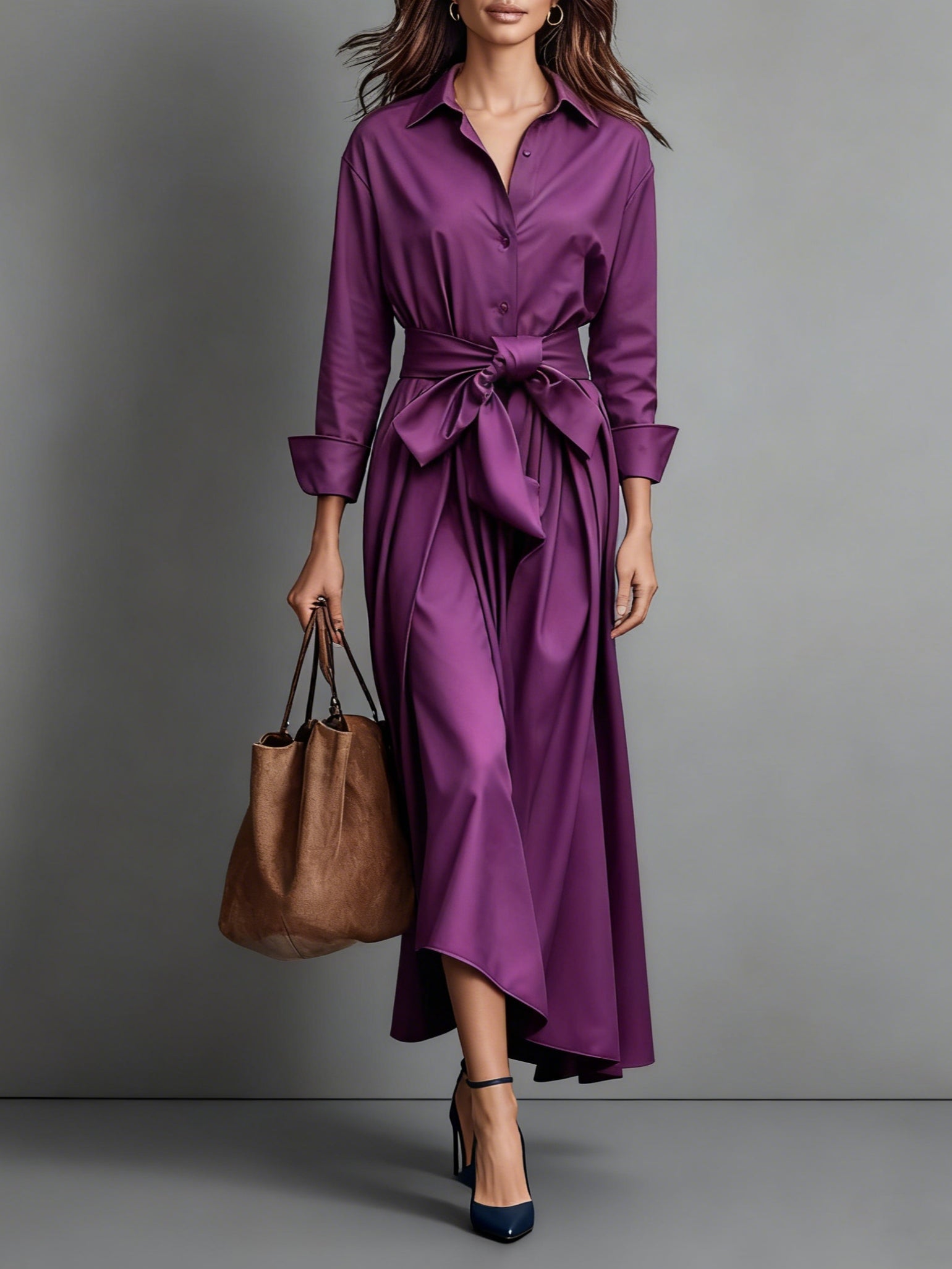Elegant Women's Long Sleeve A-Line Midi Dress – Button-Down Shirt Dress with Tie Waist for Work & Casual Wear