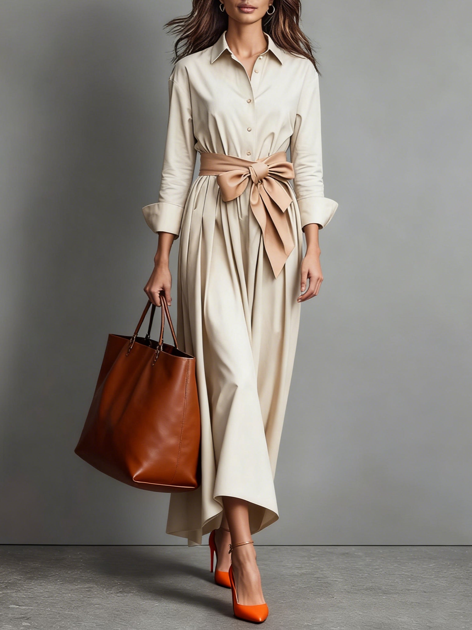 Elegant Women's Long Sleeve A-Line Midi Dress – Button-Down Shirt Dress with Tie Waist for Work & Casual Wear