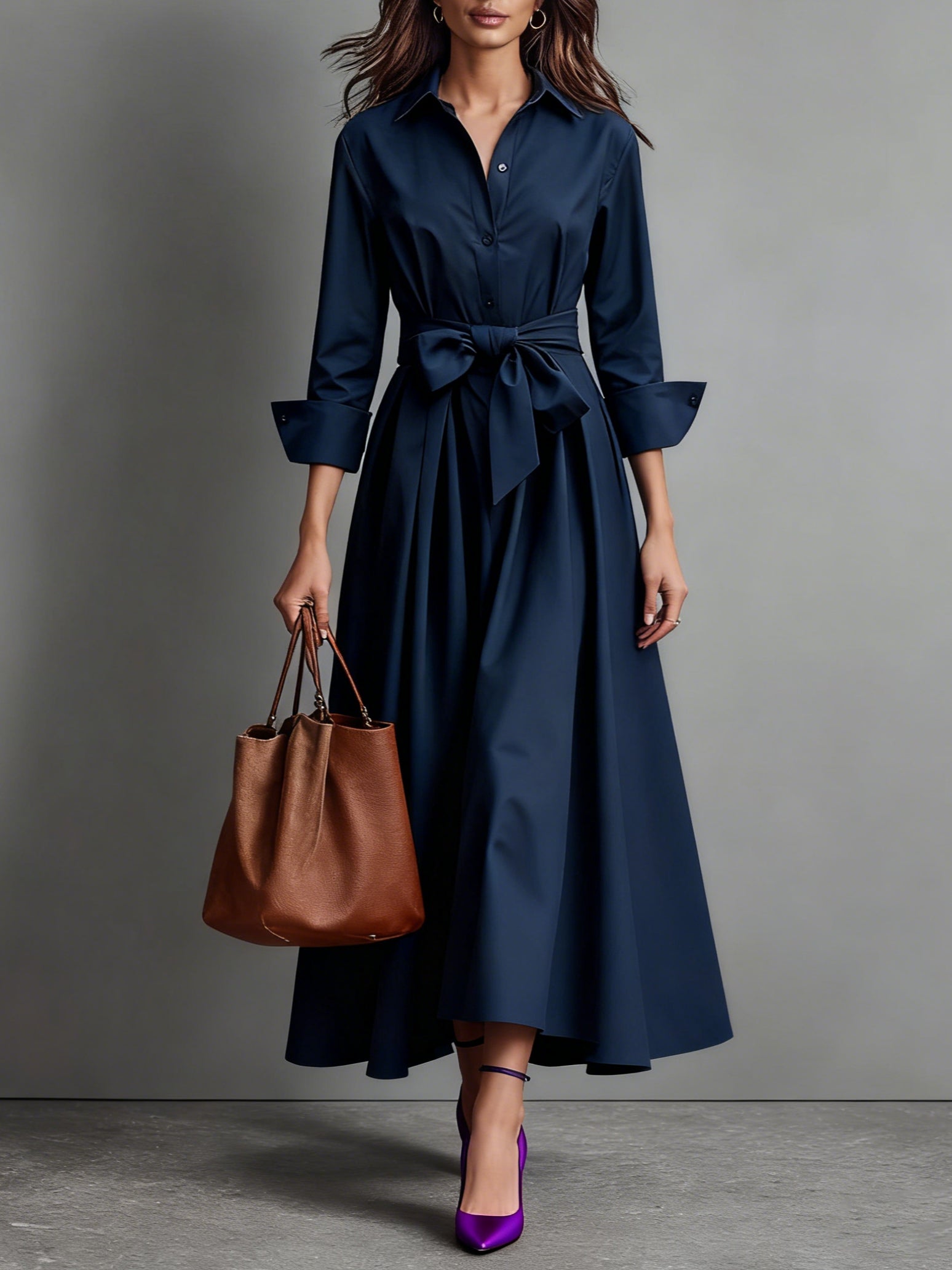 Elegant Women's Long Sleeve A-Line Midi Dress – Button-Down Shirt Dress with Tie Waist for Work & Casual Wear