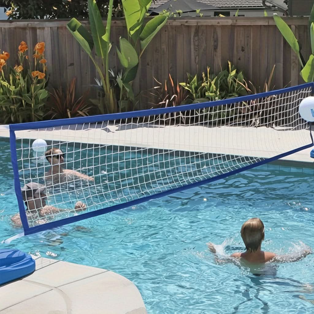 Family pool volleyball net over backyard pool