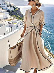 Breezy Twist-Front Summer Maxi Dress for Women – Flowy V-Neck Sleeveless Dress with Pockets & Contrast Trim