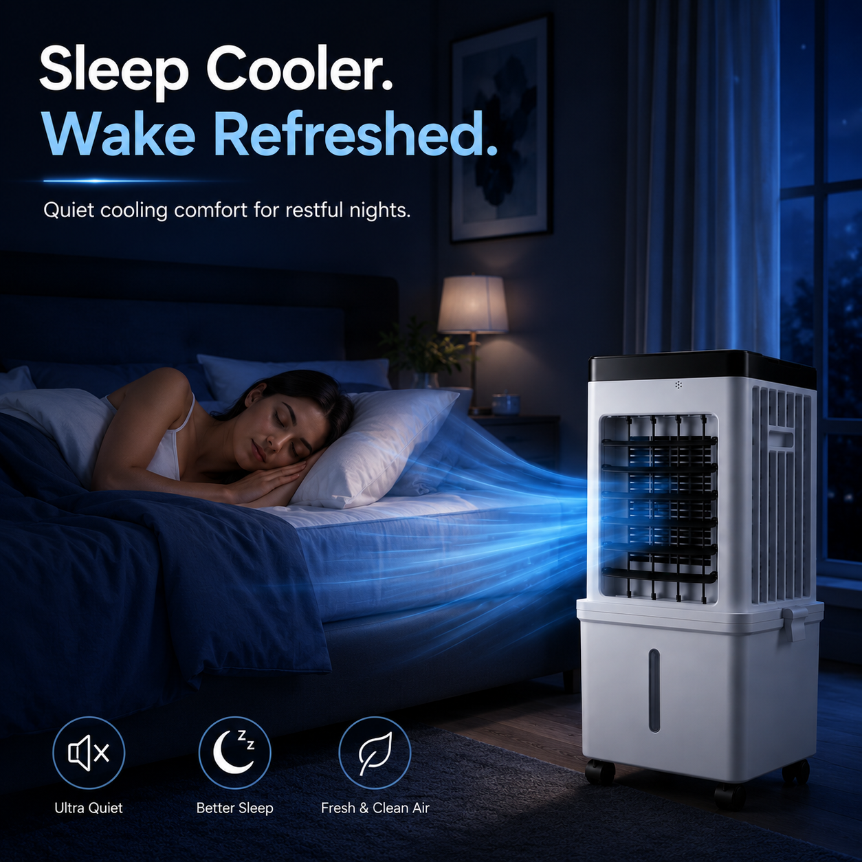 Air cooler running quietly beside a bed at night