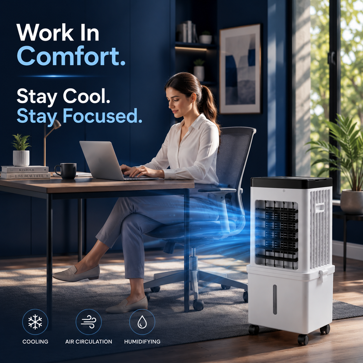 Compact air cooler on a desk during work
