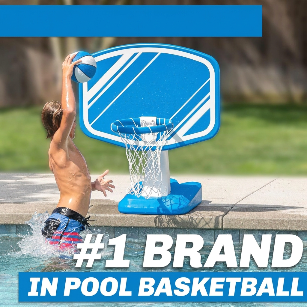 Pool basketball hoop set poolside view