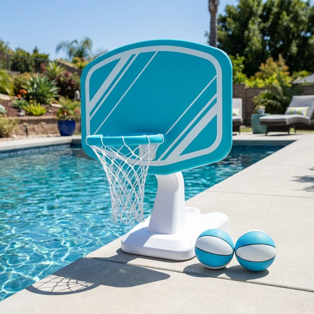 Aqua poolside basketball hoop set at a backyard pool