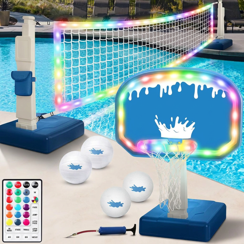 LED pool volleyball and basketball combo game set glowing by the pool