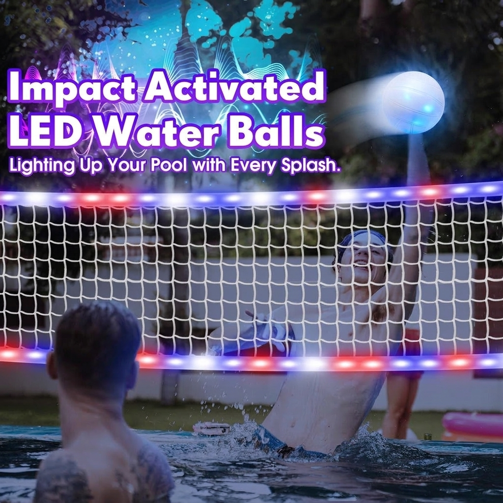 Family playing light-up volleyball and basketball in the pool at night