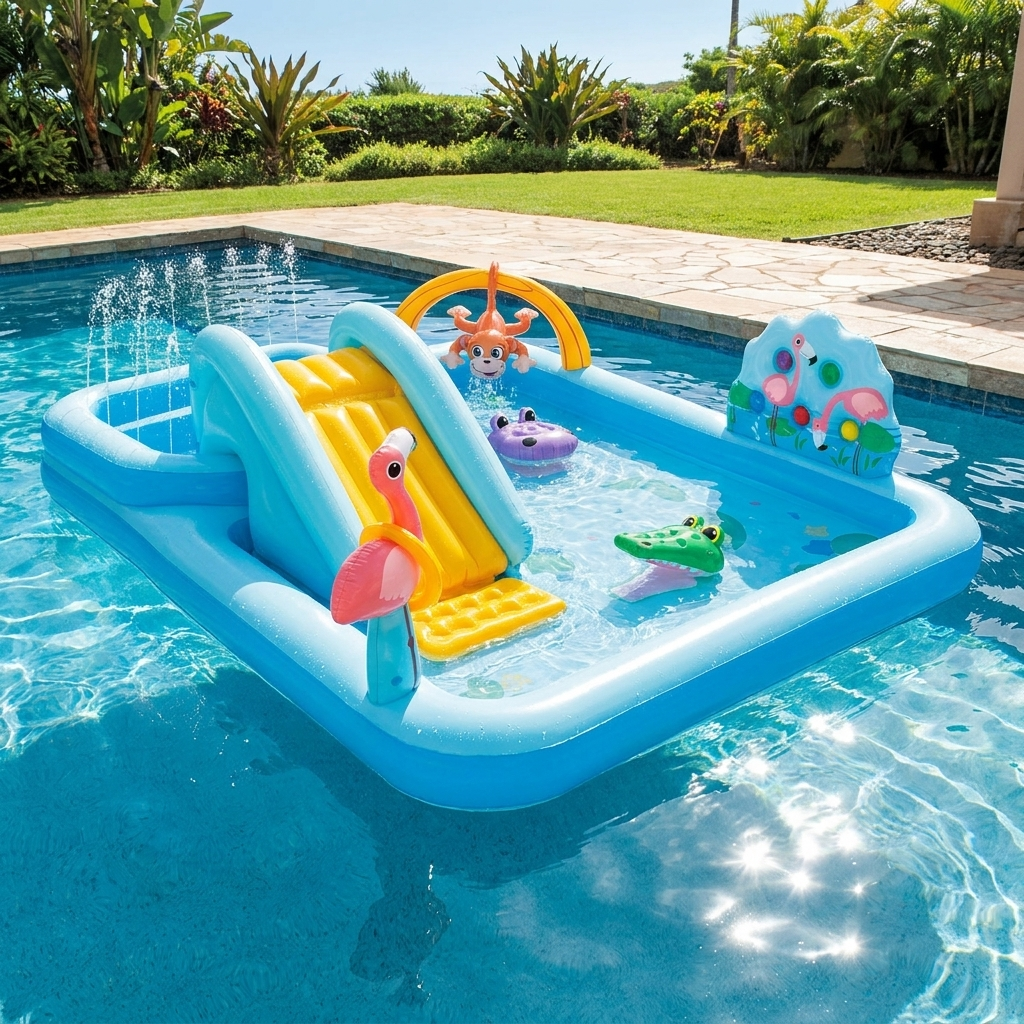 Inflatable kids water slide play center with splash pool in a sunny backyard