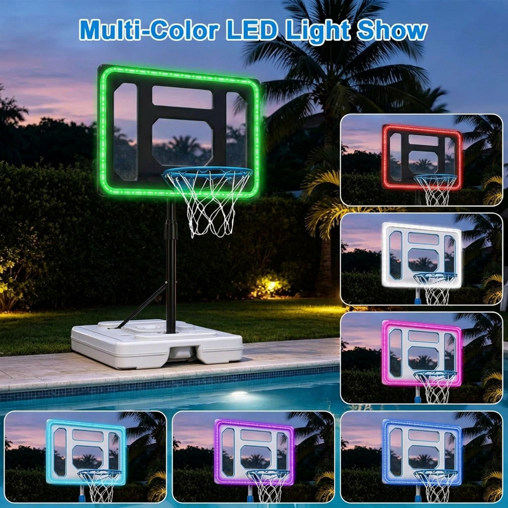 Solar panel and LED lighting modes on pool basketball hoop