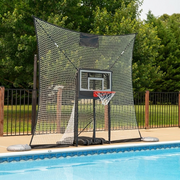 Poolside basketball hoop with tall ball backstop net