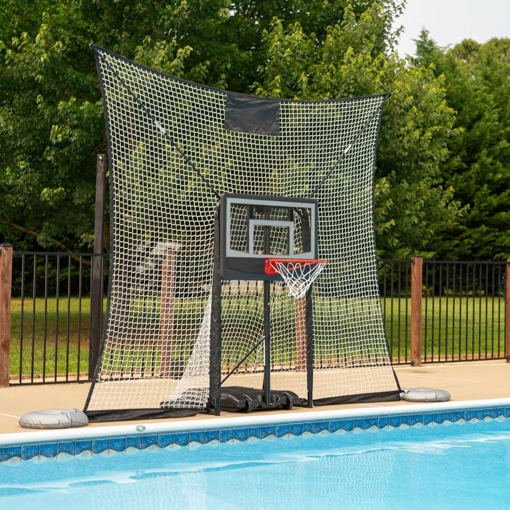 Poolside basketball hoop with tall ball backstop net