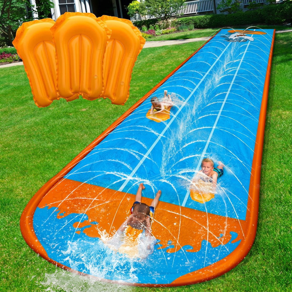 Triple lane backyard racing water slide with sprinkler