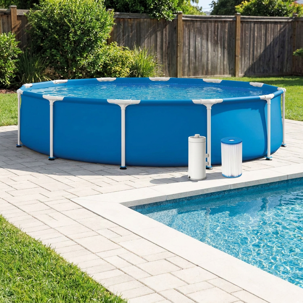 Round above ground swimming pool with steel frame and filter pump in a sunny backyard