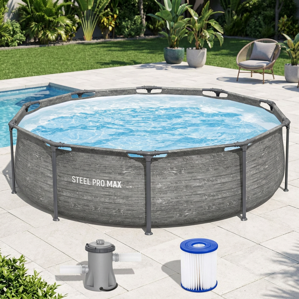 Above ground pool with stacked stone print wall