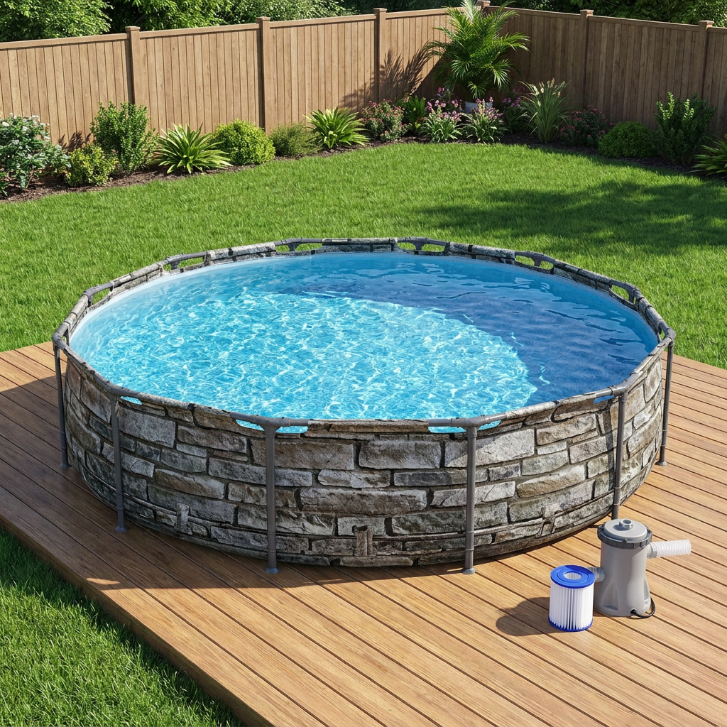Above ground pool with stone print wall and filter pump