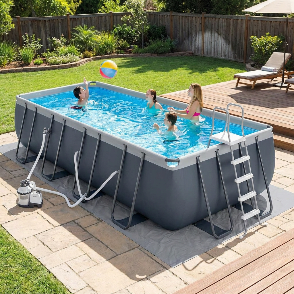 Rectangular above ground pool set with steel frame and sand filter pump in a backyard