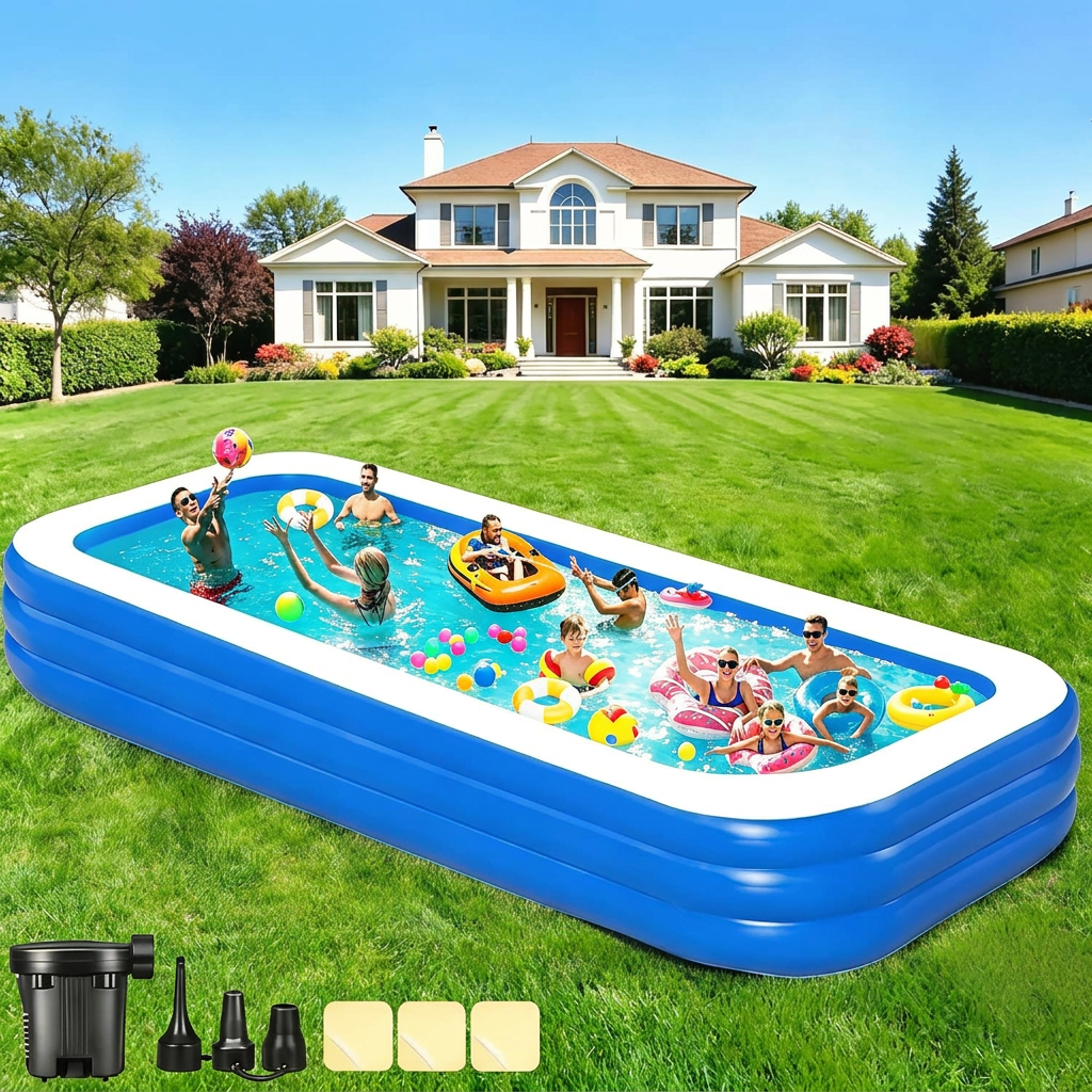 Oversized light blue inflatable backyard swimming pool