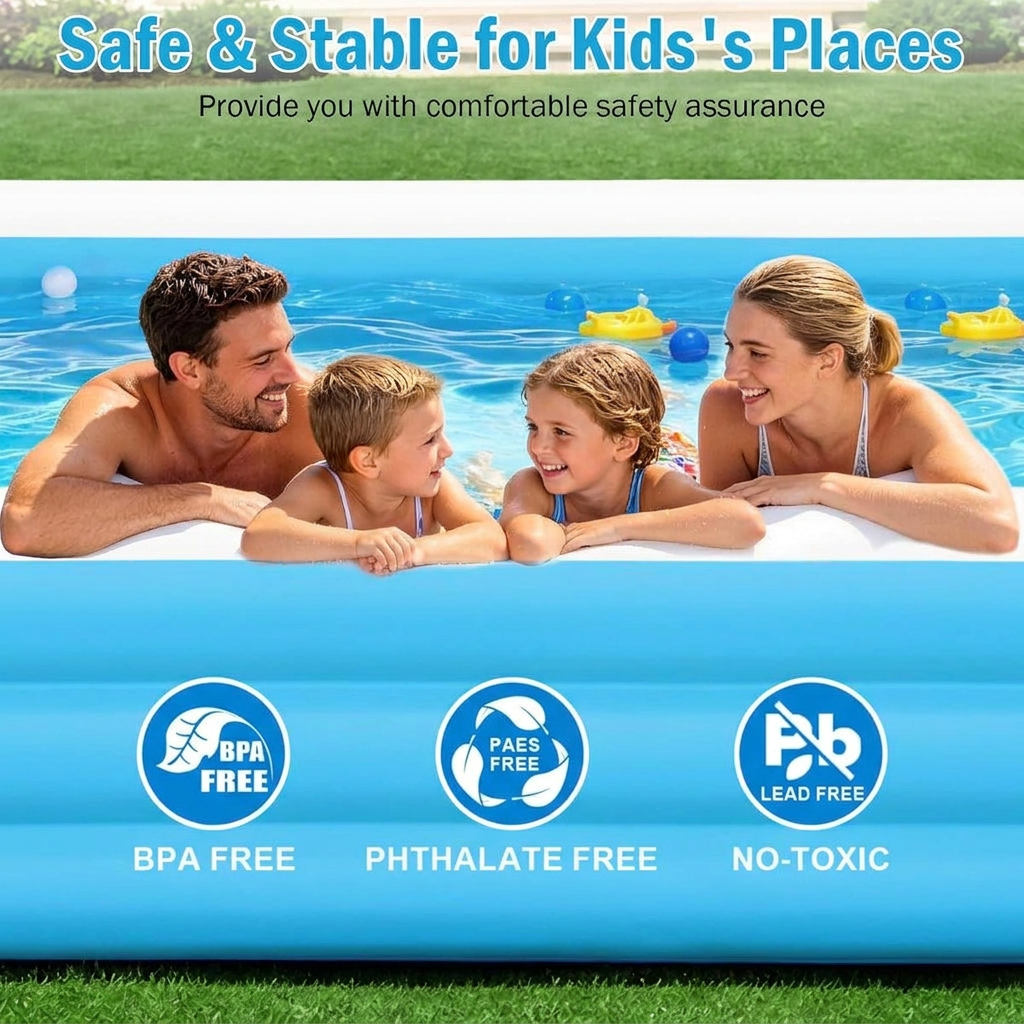 Extra large inflatable family pool filled with water in a backyard
