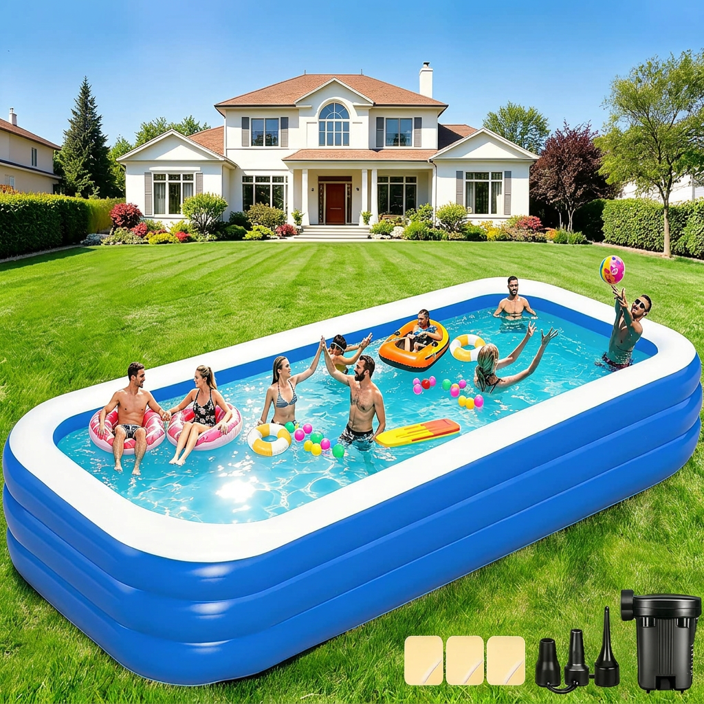 Deep blue oversized inflatable backyard swimming pool