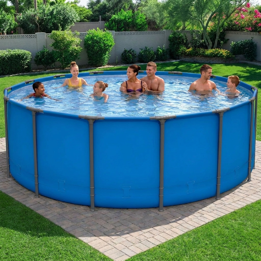 Round steel frame above ground pool set up in a sunny backyard
