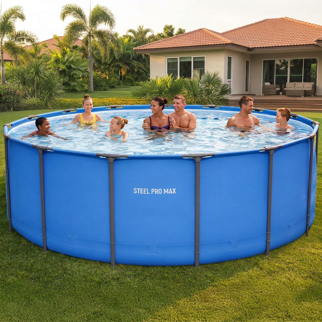 Above ground pool with corrosion resistant steel frame and blue liner