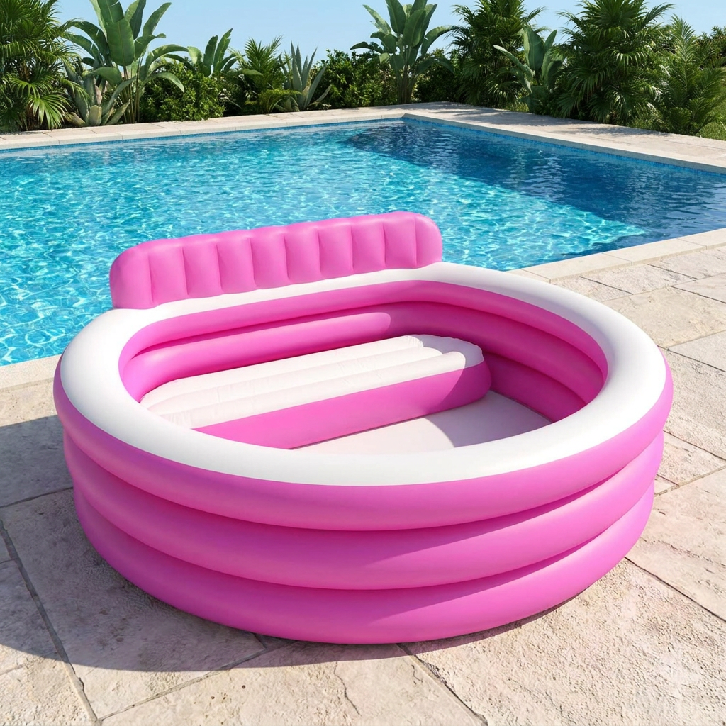 Pink round inflatable lounge pool with built-in seats and backrest