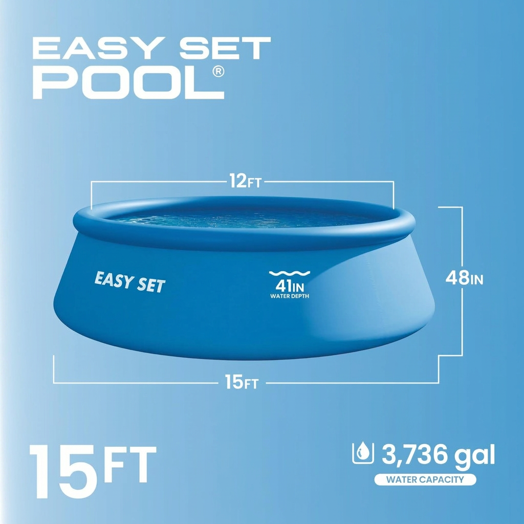Round inflatable ring above ground swimming pool set in a sunny backyard